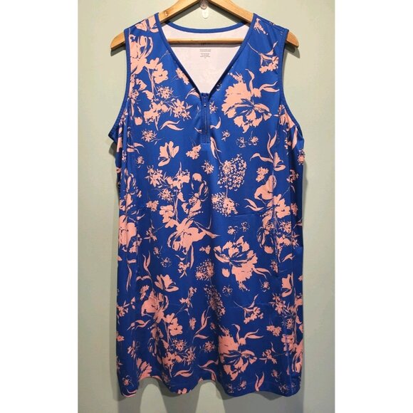 J Jill Fit Zip Scoop Neck Racer Back Dress Stretch Sleeveless Blue Floral 2X - Picture 1 of 6